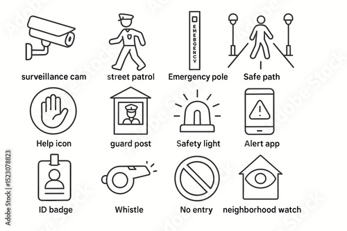 Urban safety icons: surveillance, patrol, emergency systems, alerts, protection tools
