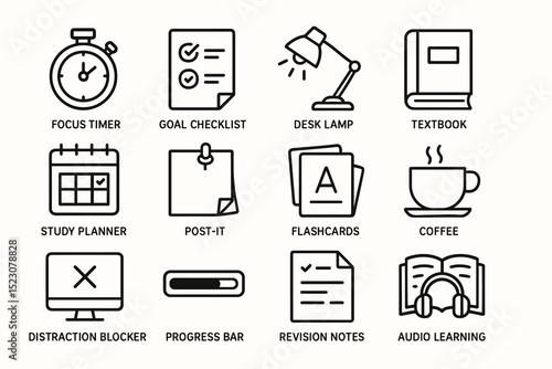 Study tools and resources icons including timer, checklist, coffee, and textbook