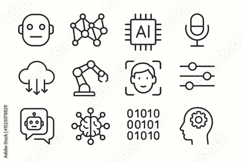 Artificial intelligence icon set: neural networks, robotics, ai chip, and voice recognition