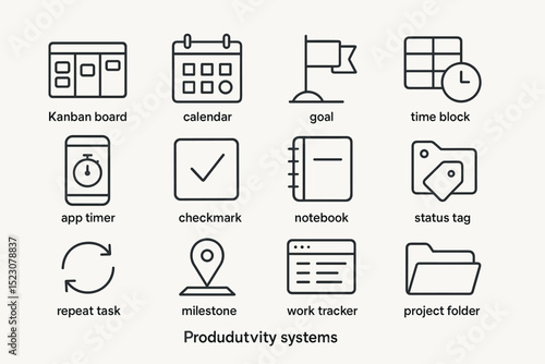 Productivity systems icons featuring kanban board, calendar, and goal flag