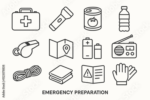 Essential emergency preparation items line art including first aid, map, radio, flashlight