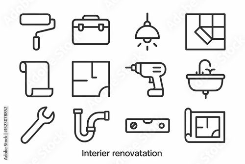 Interior renovation tools and icons for home improvement projects