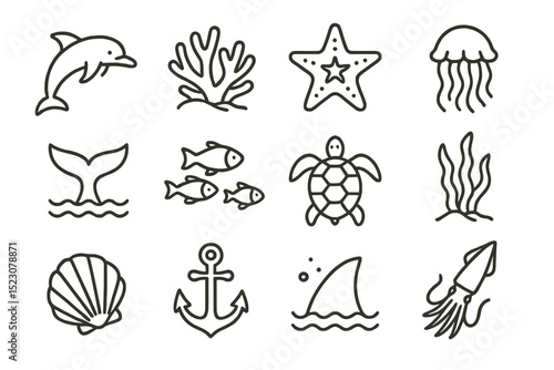Marine life icons set featuring ocean animals and sea plants