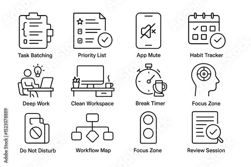 Productivity icons: task batching, app mute, habit tracker, clean workspace, focus zone