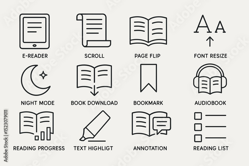 Reading icons: e-reader, night mode, audiobook, bookmark, annotation, text highlight