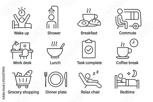 Daily routine icons: wake up, shower, breakfast, commute, work, lunch, task complete, coffee, grocery, dinner, relax, bedtime
