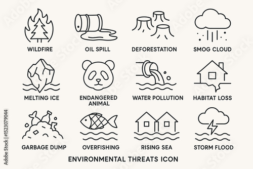 Environmental threats icons: wildfire, oil spill, deforestation, smog cloud, melting ice, endangered animal