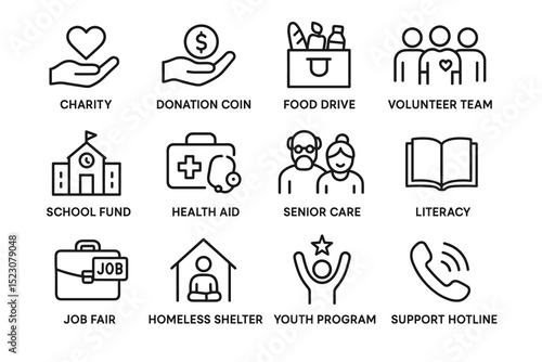 Community support icons: charity, donation, food drive, volunteer, health, literacy, job aid