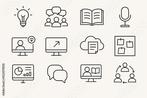 Communication and collaboration icons: technology, cloud, data, interaction, learning