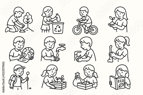 Children engaged in eco-friendly activities: recycling, planting, and conservation