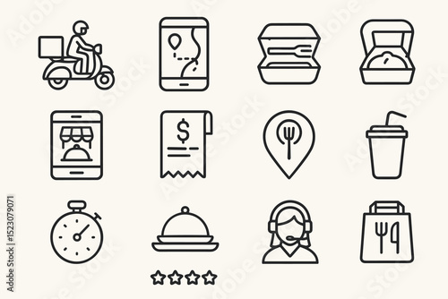 Food delivery icons set illustrating online ordering and fast service
