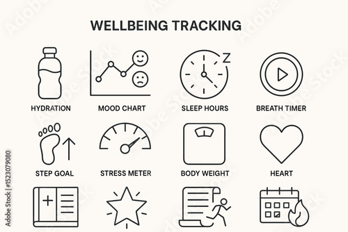 Wellbeing tracking icons: hydration, mood, sleep, stress, fitness, heart