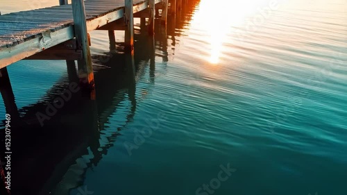 Wallpaper Mural Reflection of golden sunlight on calm lake water under pier beams creating peaceful end of day lakeside atmosphere Torontodigital.ca