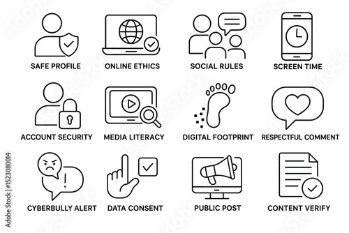 Digital safety and media literacy icons: online ethics and cyberbullying alert