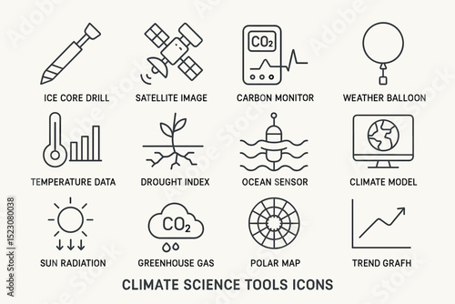 Climate science tools icons: instruments and data for environmental research