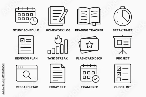 Study schedule icons: organize homework, track reading, set breaks, plan revisions