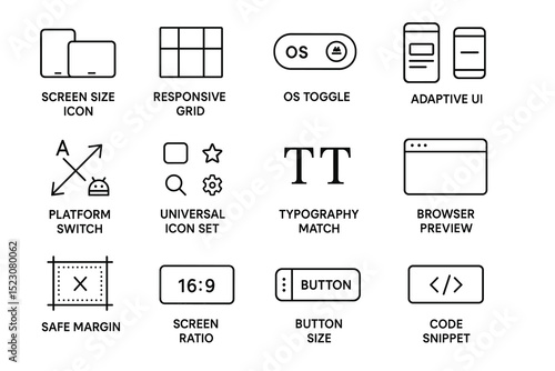 Ui and ux design elements grid with diverse icons and labels