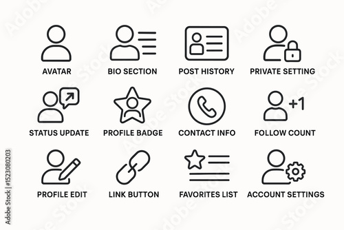 User interface icons set: profile, settings, and social features