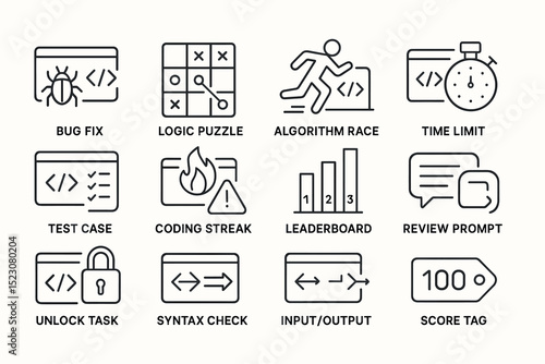 Programming challenge icons: bug fix, logic puzzle, algorithm race, coding streak, leaderboard