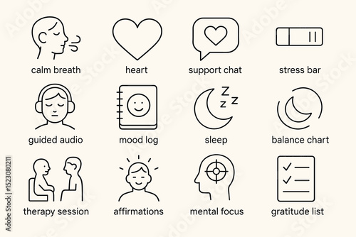 Icons for mental health support and relaxation techniques