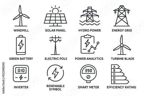 Renewable energy icons: windmill, solar panel, hydro power, energy grid, green technology