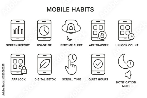 Mobile habits infographic: digital detox, screen usage, and notification management icons