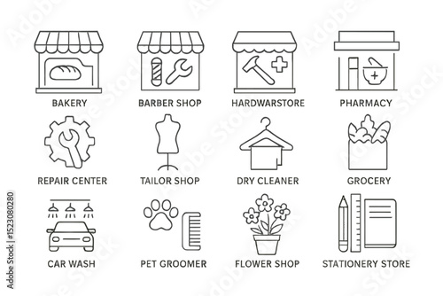 Set of embossed business icons: bakery, barber shop, hardware store, and more