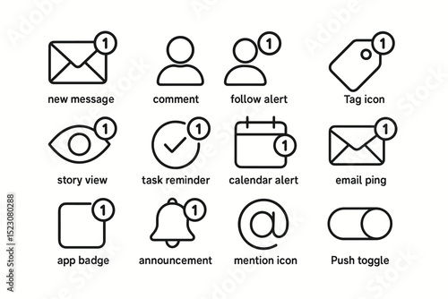 Notification icons set: email, comment, alert, task, toggle