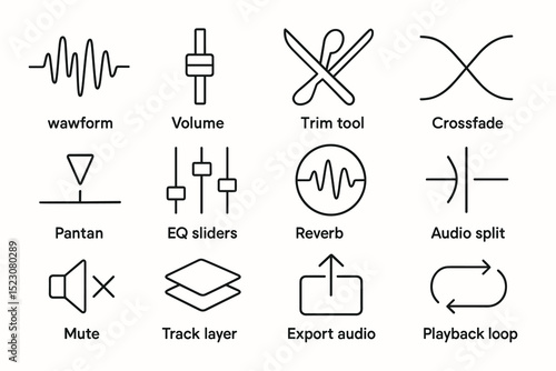 Audio editing icons: waveform, volume, trim tool, crossfade, eq, reverb