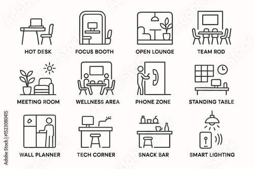 Office workspace icons: desk, booth, lounge, meeting room, wellness, phone, table, wall, tech, snack, lighting
