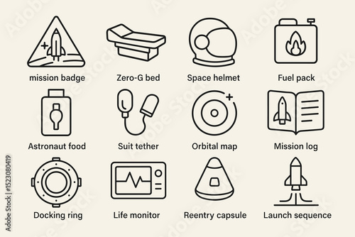 Astronaut mission icons: badge, helmet, bed, fuel, food, tether, map, log, dock, monitor, capsule, launch