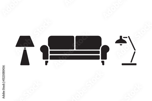 Sofa and Lamps Silhouette Icons Living Room Furniture Vector