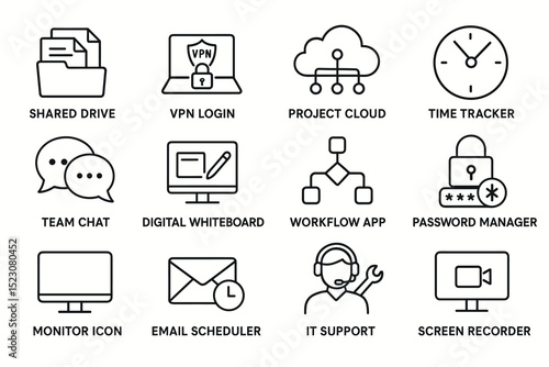 Business software icons: digital tools for productivity and security