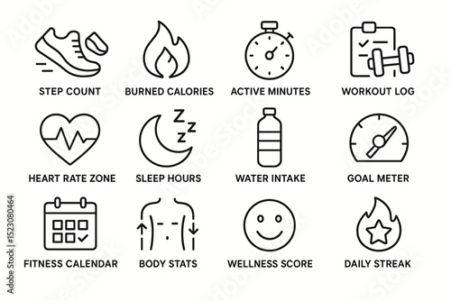 Fitness tracker icons collection: steps, calories, workout, heart rate, sleep, hydration