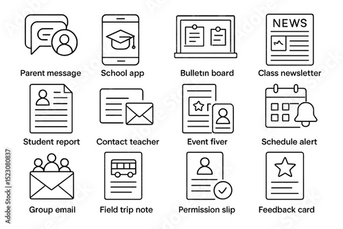 Set of school communication icons including parent messages and schedule alerts