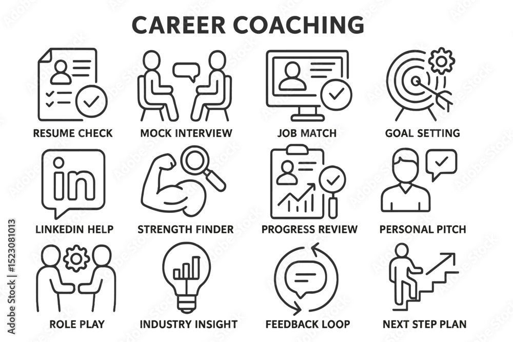 Fototapeta premium Career coaching icons: resume, interviews, job match, goal setting, linkedin help, strengths, feedback loop
