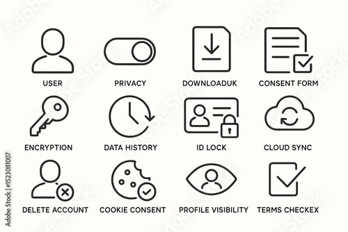 User privacy icons with download, consent, encryption, and cloud sync elements