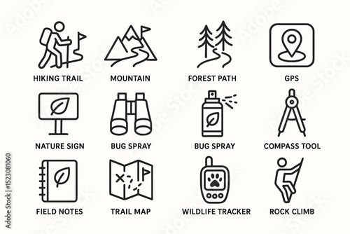 Outdoor adventure icons: hiking, mountain, forest, gps, nature, compass, wildlife, climb