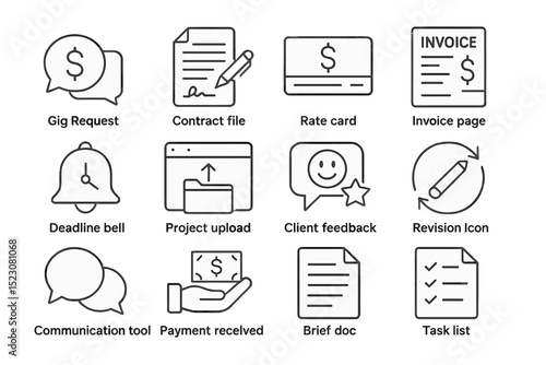 Business document icons including invoice, contract, and communication tools