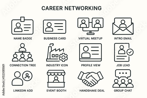 Career networking icons: name badge, business card, virtual meetup, intro email, connection tree, industry icon, profile view, job lead