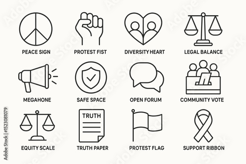 Symbols of peace, justice, equality, and activism in line art