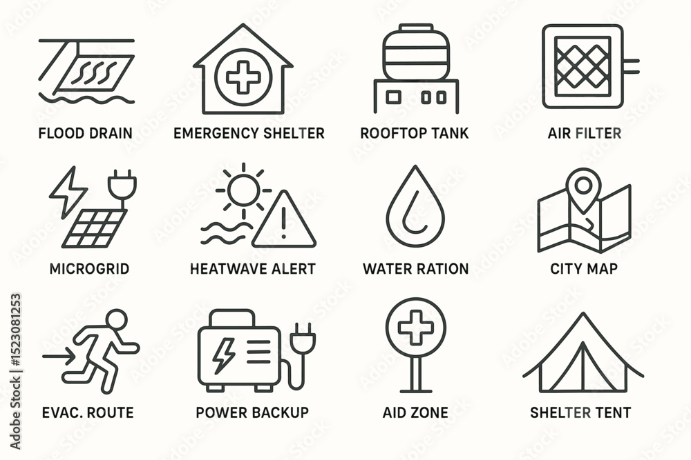 Fototapeta premium Emergency preparedness icons featuring shelter, water, and safety symbols