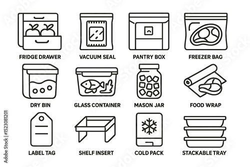 Kitchen storage icons: fridge drawer, vacuum seal, pantry box, freezer bag, mason jar