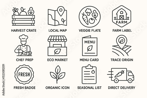 Eco-friendly food supply icons: organic market, farm to table, fresh produce