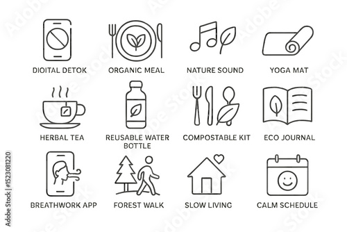 Icons depicting digital detox and wellness activities for a balanced lifestyle