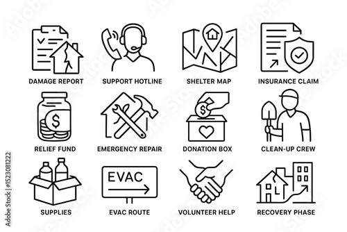 Emergency management icons: support, shelter, insurance, relief, recovery