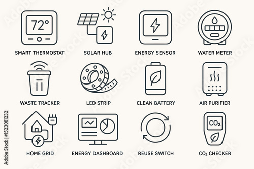 Smart home technology icons: thermostat, solar, energy, water, air, waste