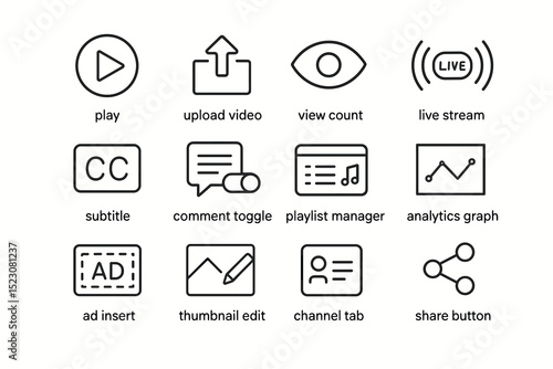 Media interface icons: play, upload, view, stream, share, edit, toggle, count, graph, manager
