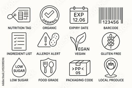 Packaging labels with nutrition tag, organic, and expiry date symbols