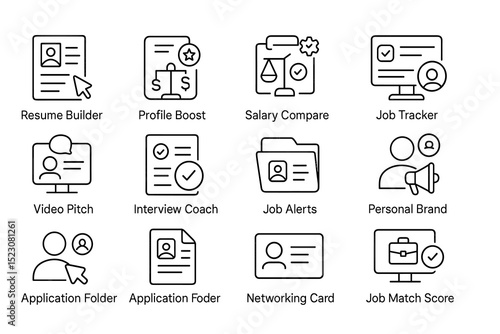 Employment tools icons: resume, interview, salary, and job tracking features